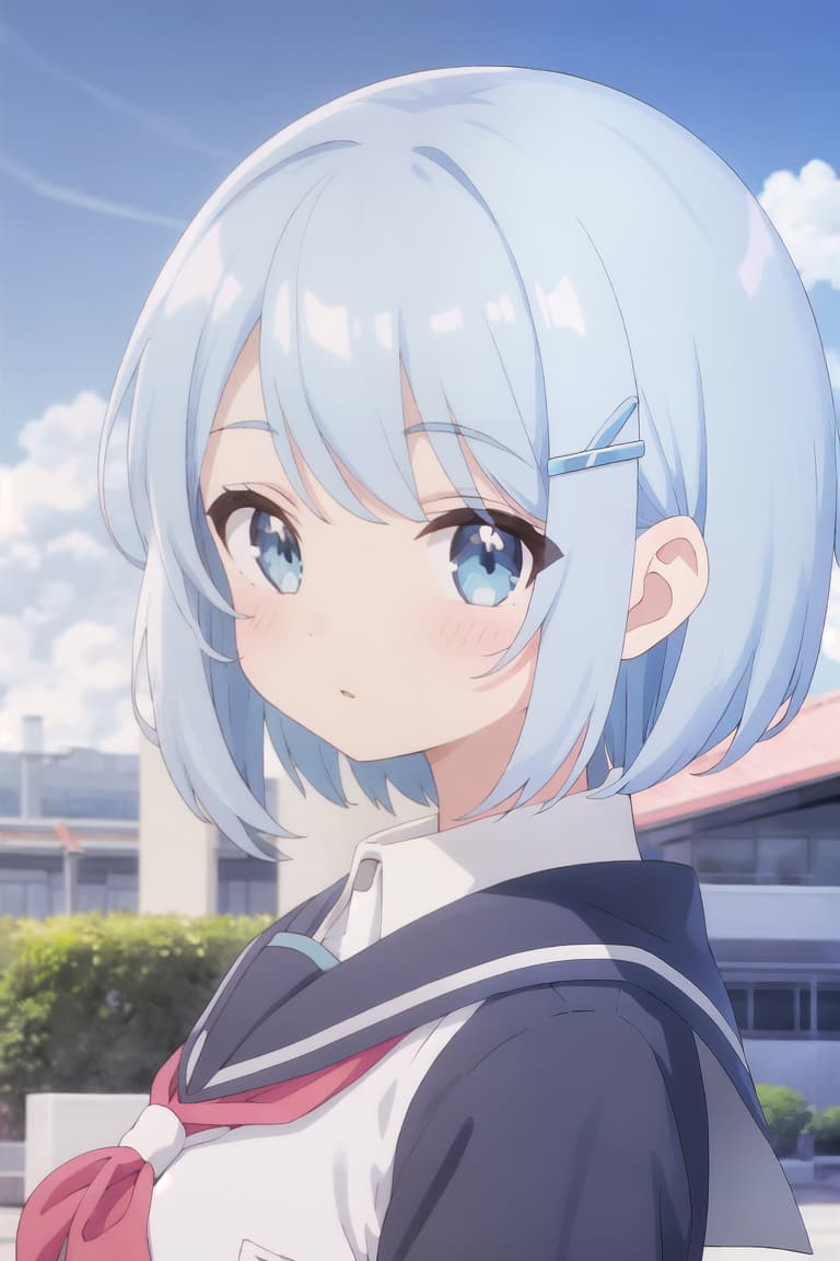  master piece , best quality,Girl, fluffy short cut, fluffy, cute, light blue hair color, school uniform, short bangs, bangs parted diagonally, face facing front, hairpin in front, fine short sideburns.