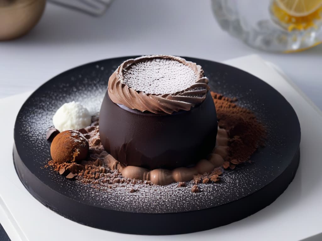  A stunning, minimalist image of a dark chocolate truffle with a dusting of cocoa powder on a sleek, matte black plate. The truffle is perfectly round, with a glossy finish that reflects the soft lighting in the room, creating an elegant and sophisticated aesthetic. The background is blurred to keep the focus on the decadent dessert, highlighting the rich and intense flavor profile of bitter chocolate. hyperrealistic, full body, detailed clothing, highly detailed, cinematic lighting, stunningly beautiful, intricate, sharp focus, f/1. 8, 85mm, (centered image composition), (professionally color graded), ((bright soft diffused light)), volumetric fog, trending on instagram, trending on tumblr, HDR 4K, 8K