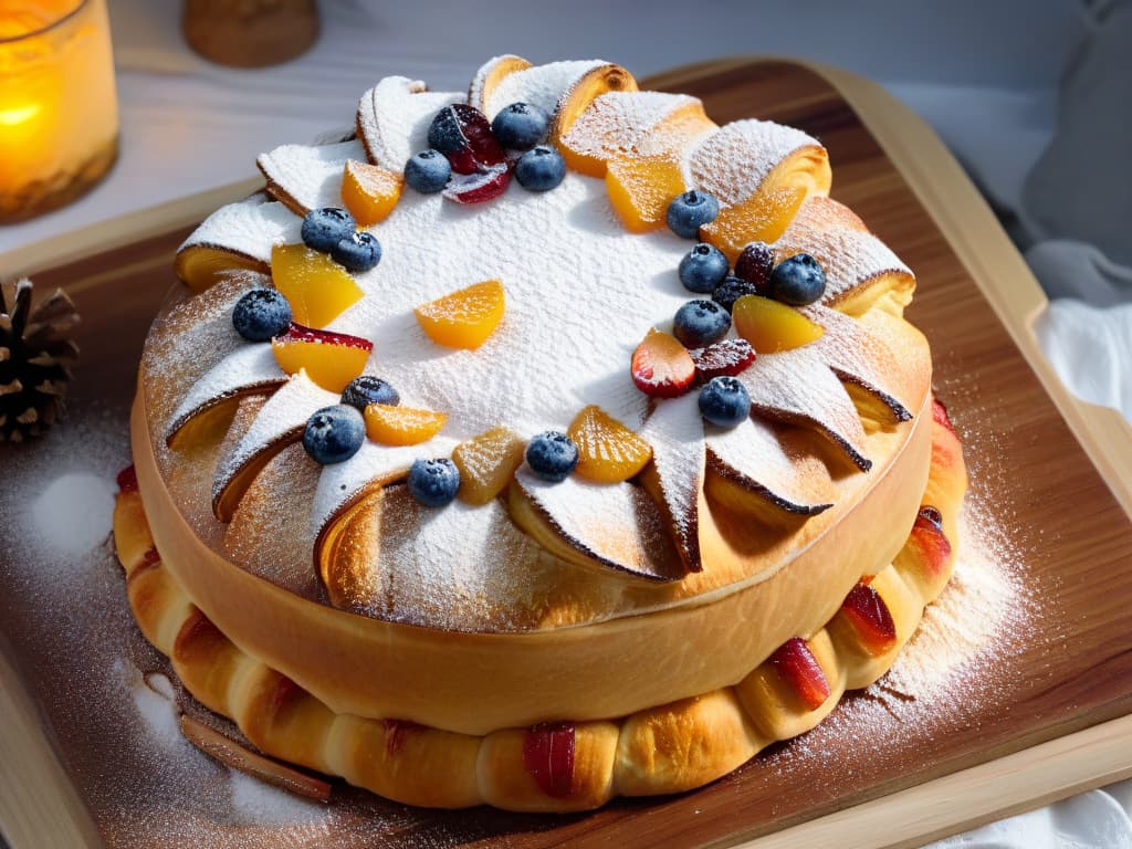  A closeup, ultradetailed image of a freshly baked Roscón de Reyes, adorned with vibrant candied fruits and a dusting of powdered sugar, resting on a rustic wooden table. The golden crust glistens under soft natural lighting, showcasing the intricate braided design of the bread, with the colorful fruits adding a pop of festive cheer. The minimalistic composition highlights the craftsmanship and delicious allure of this traditional winter treat. hyperrealistic, full body, detailed clothing, highly detailed, cinematic lighting, stunningly beautiful, intricate, sharp focus, f/1. 8, 85mm, (centered image composition), (professionally color graded), ((bright soft diffused light)), volumetric fog, trending on instagram, trending on tumblr, HDR 4K, 8K