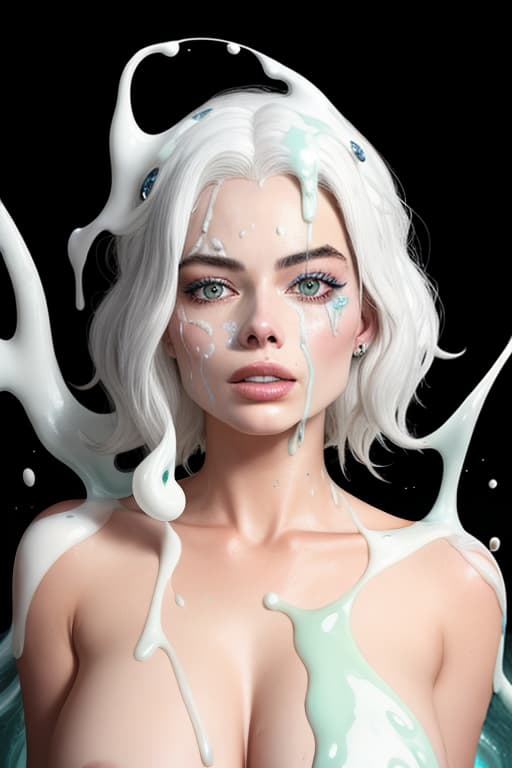  Margot Robbie on with ((white hair)) with (((white)))((goo slime)) ((on her face)), Naked,, shocked