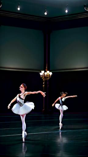  The image depicts three female ballet dancers in various poses, with one dancer in the center performing a pirouette. The dancers are wearing black and white costumes, and their movements are graceful and fluid. The background is dark, creating a dramatic contrast between the dancers and their surroundings., Highly defined, highly detailed, sharp focus, (centered image composition), 4K, 8K