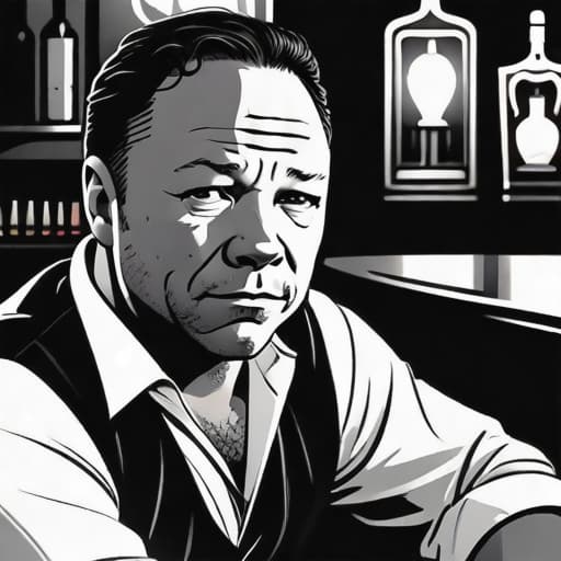  The actor Stephen Graham represents the devil and has a menacing smirk to his face. He sits at a bar looking towards the camera and barman with the pub behind him. He is back lit chiaroscuro, with his face in shadow