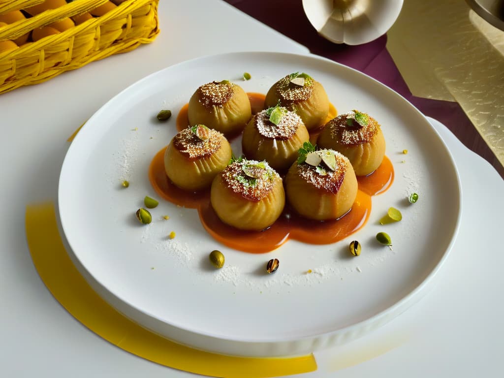  A closeup, ultradetailed image of a traditional Indian dessert known as Gulab Jamun, showcasing its goldenbrown, round dumplings soaked in syrup, garnished with delicate saffron strands and pistachio crumbs. The dessert is elegantly presented on a pristine, white plate, with a soft, diffused light highlighting the intricate textures and rich colors of the sweet delicacy. hyperrealistic, full body, detailed clothing, highly detailed, cinematic lighting, stunningly beautiful, intricate, sharp focus, f/1. 8, 85mm, (centered image composition), (professionally color graded), ((bright soft diffused light)), volumetric fog, trending on instagram, trending on tumblr, HDR 4K, 8K