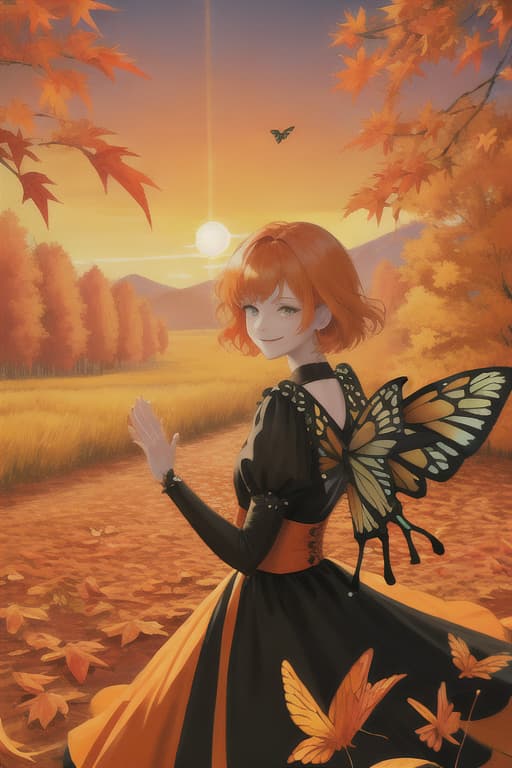  Spirit, 🧚, orange hair, short hair, smiling, orange dresses, spreading both hands, butterfly feathers on the back, autumn leaves, sunset, sunset.