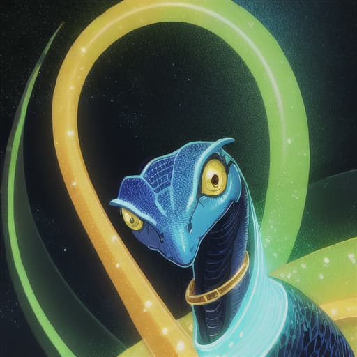  long necked reptile alien, wearing a large bead choker collar that is glowing mixed colors of yellow and blue