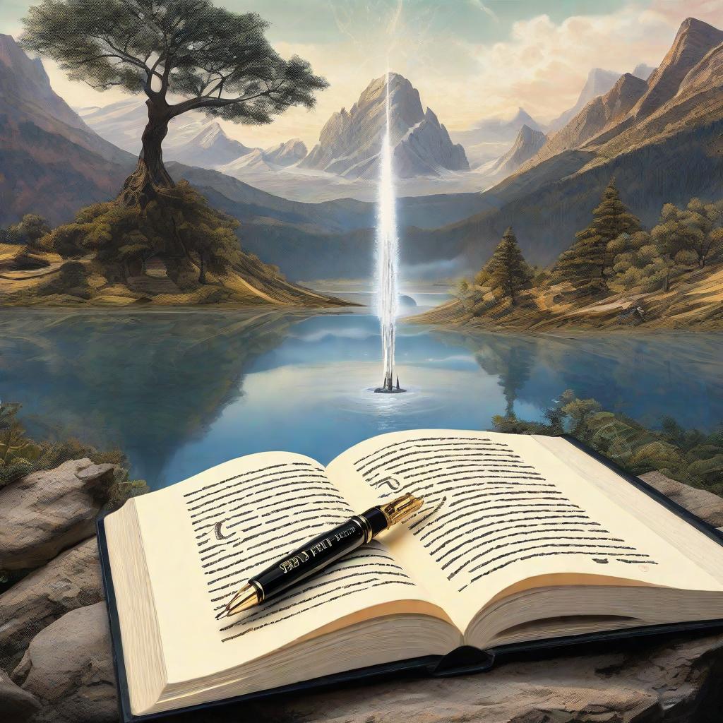  masterpiece, best quality, interstellar black hole into meditator in front of tree of life with rocky mountain and lake in background into fountain pen writing in a book