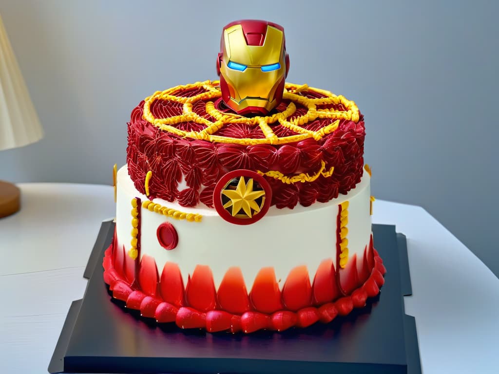  A detailed, photorealistic image of a multilayered Iron Manthemed cake, complete with intricate edible armor details, glowing Arc Reactor in the center, and a glossy finish that highlights the vibrant red and gold colors. The cake is displayed on a sleek, modern cake stand against a clean, white background, showcasing the meticulous craftsmanship and artistry involved in creating this stunning dessert masterpiece. hyperrealistic, full body, detailed clothing, highly detailed, cinematic lighting, stunningly beautiful, intricate, sharp focus, f/1. 8, 85mm, (centered image composition), (professionally color graded), ((bright soft diffused light)), volumetric fog, trending on instagram, trending on tumblr, HDR 4K, 8K