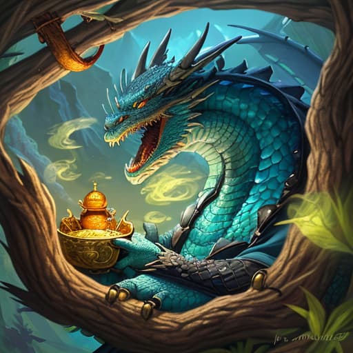  Dragon at rest, breathing dragon breath, his nest full of treasure, one hand nestled treasure,