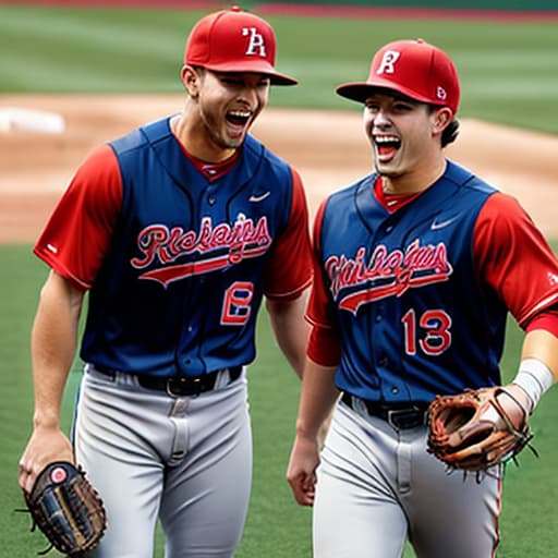  college baseball players in baseball pants, no shirts, laughing  red ball caps