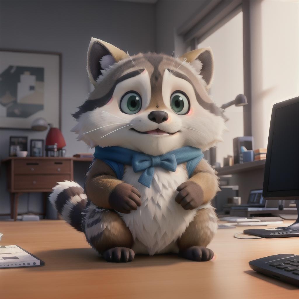  raccoon sitting in gaming chair front a computer on desktop, ((semi anthropomorphic)),(full body), tail, belly, sitting, fat, (chubby), (((white background))), solo, desktop, gaming chair, side view,  [[[clothes]]] hyperrealistic, full body, detailed clothing, highly detailed, cinematic lighting, stunningly beautiful, intricate, sharp focus, f/1. 8, 85mm, (centered image composition), (professionally color graded), ((bright soft diffused light)), volumetric fog, trending on instagram, trending on tumblr, HDR 4K, 8K