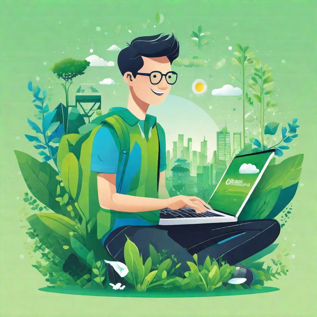  masterpiece, best quality,Background design: fresh green and blue gradient, representing harmony between nature and society. Core image design: a young man organizes an online environmental campaign through the network of Wopi. He uses smart devices to showcase his environmental projects and the screen displays the slogan "cheer for the earth".