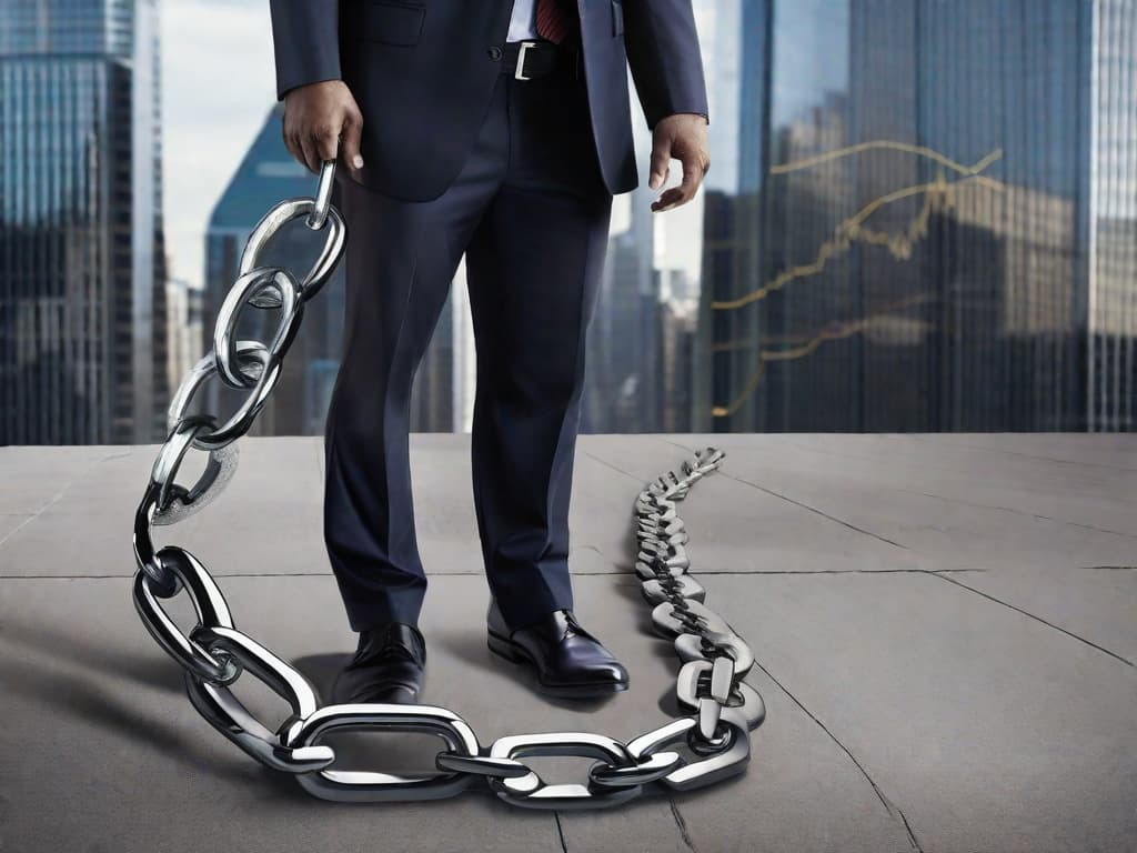  A graph showing a sharp upward trend in stock prices with the JPMorgan logo and a broken chain link symbolizing severed ties, against a backdrop of financial buildings. digital art, ilustration, no flares, clean hyperrealistic, full body, detailed clothing, highly detailed, cinematic lighting, stunningly beautiful, intricate, sharp focus, f/1. 8, 85mm, (centered image composition), (professionally color graded), ((bright soft diffused light)), volumetric fog, trending on instagram, trending on tumblr, HDR 4K, 8K