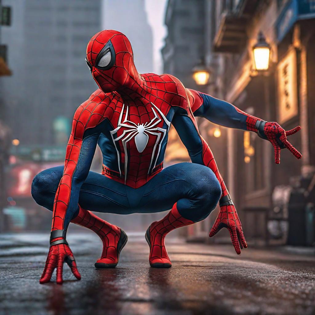  Spiderman hyperrealistic, full body, detailed clothing, highly detailed, cinematic lighting, stunningly beautiful, intricate, sharp focus, f/1. 8, 85mm, (centered image composition), (professionally color graded), ((bright soft diffused light)), volumetric fog, trending on instagram, trending on tumblr, HDR 4K, 8K