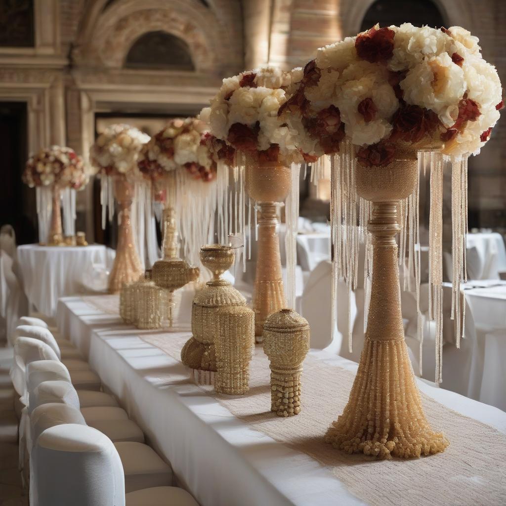  Fringes and beaded table decorations in Venetian style with high pedestals and low vases.