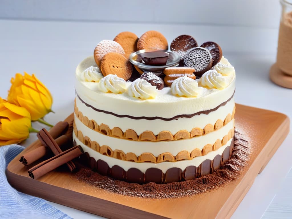  A photorealistic image of a beautifully layered tiramisù dessert in a clear glass serving dish, showcasing the delicate ladyfinger biscuits soaked in espresso and layered with light, fluffy mascarpone cream. The top of the tiramisù is elegantly dusted with cocoa powder, with a few coffee beans artistically scattered on the smooth surface. The background features a softfocus kitchen setting with hints of a rustic wooden table and a vintage espresso maker, creating an inviting and sophisticated ambiance. hyperrealistic, full body, detailed clothing, highly detailed, cinematic lighting, stunningly beautiful, intricate, sharp focus, f/1. 8, 85mm, (centered image composition), (professionally color graded), ((bright soft diffused light)), volumetric fog, trending on instagram, trending on tumblr, HDR 4K, 8K