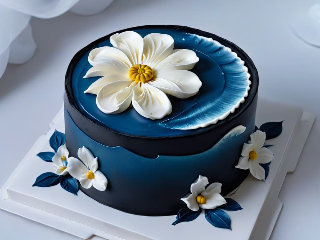  A closeup, ultradetailed image of a perfectly piped swirl of glossy, white royal icing on a pristine black fondant cake, showcasing impeccable precision and skill in cake decorating. The icing is flawlessly smooth, with intricate details visible on the delicate petals of a handcrafted sugar flower resting elegantly on top. The image exudes a sense of sophistication and artistry, with a focus on the intricate techniques involved in advanced pastry decoration. hyperrealistic, full body, detailed clothing, highly detailed, cinematic lighting, stunningly beautiful, intricate, sharp focus, f/1. 8, 85mm, (centered image composition), (professionally color graded), ((bright soft diffused light)), volumetric fog, trending on instagram, trending on tumblr, HDR 4K, 8K