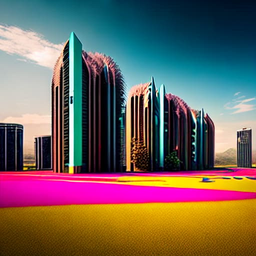  Futuristic natural city in THe middle of THe blue yellow pink óceán