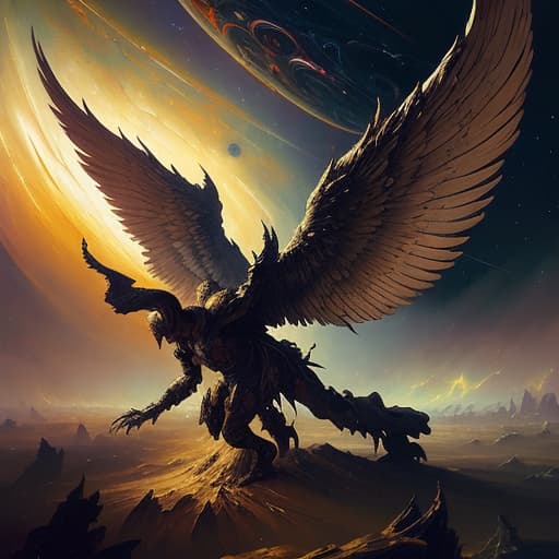  oil painting with heavy impasto of a fallen angel, big wings, cosmic horror painting, elegant intricate artstation concept art by craig mullins detailed, dark cosmic sky