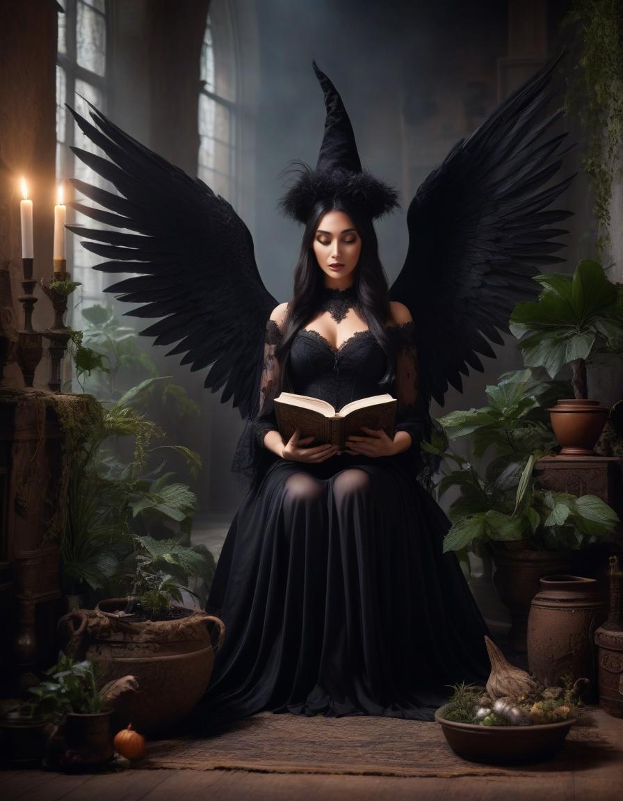  A beautiful, young, witch in a pointed hat in a black lace dress sits on the floor with her wings, sits on the floor next to a pot in which a mandrake grows, the Witch is reading a witchcraft book. Her hair has a fluffy, fur like texture and she has large, dramatic black eyelashes. hyperrealistic, full body, detailed clothing, highly detailed, cinematic lighting, stunningly beautiful, intricate, sharp focus, f/1. 8, 85mm, (centered image composition), (professionally color graded), ((bright soft diffused light)), volumetric fog, trending on instagram, trending on tumblr, HDR 4K, 8K