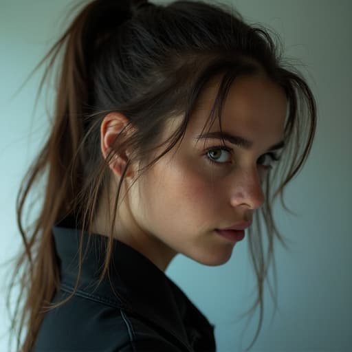  upper body, beautiful (21yo) swedish woman with brunette hair in ponytail, (cyberpunk), facing the camera