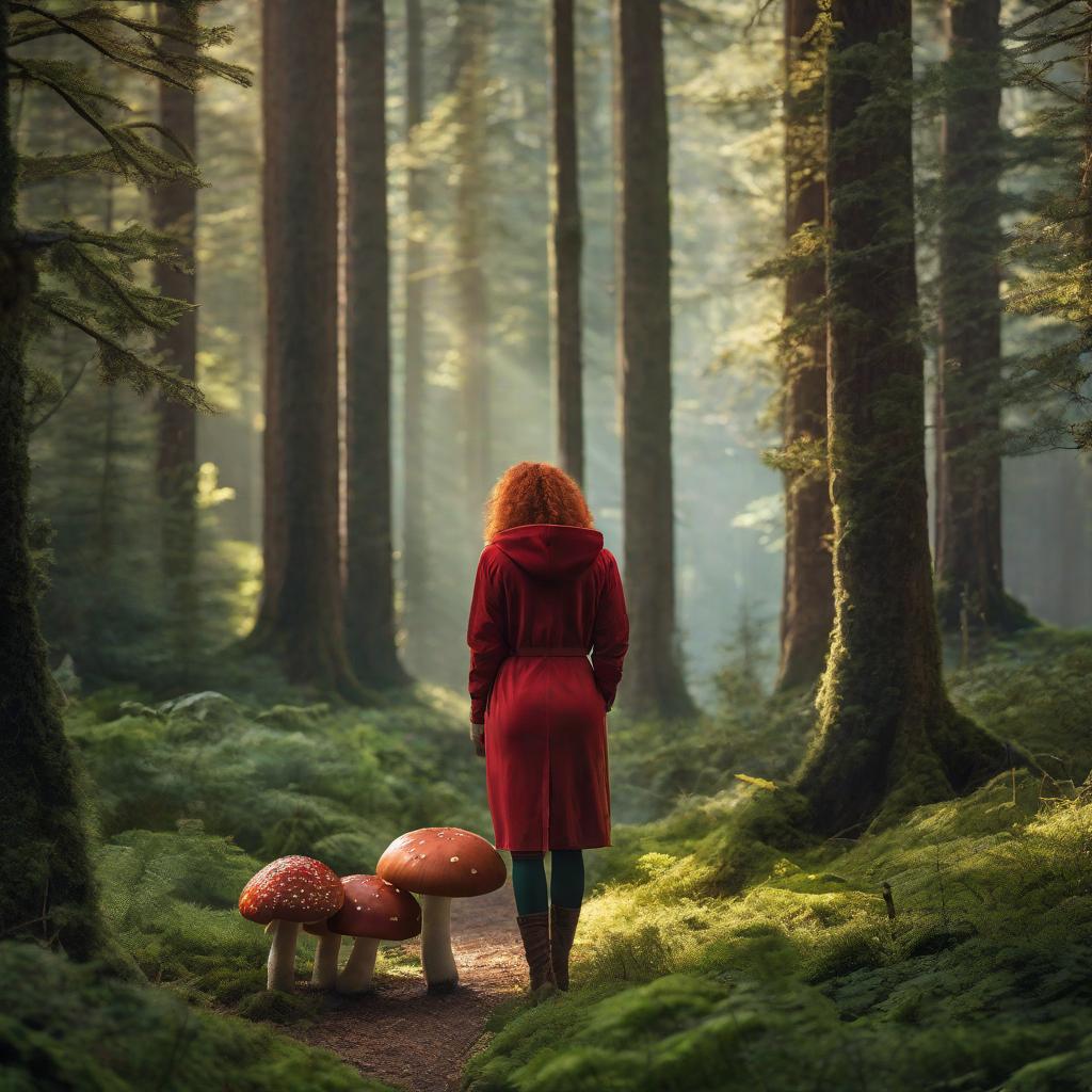  Prompt: Create an enchanting, -friendly, single image inspired by a story that feels both real and like a fairy tale. The scene features a young, , red-haired dressed in overalls, symbolizing a pig, and a tall, kind-looking boy with wild, dark hair and a green hoodie, embodying the wolf. They are adventurously exploring a magical forest filled with vint, oversized mushrooms, sparkling streams, and towering, leafy trees. The is carefully keeping her distance, tiptoeing with a look of curiosity over her shoulder towards the boy, who is attempting to approach her but is making sure to contain his excitement in order not to scare her off. The emotion of the scene is a light-hearted, ambiguity - a gentle danc hyperrealistic, full body, detailed clothing, highly detailed, cinematic lighting, stunningly beautiful, intricate, sharp focus, f/1. 8, 85mm, (centered image composition), (professionally color graded), ((bright soft diffused light)), volumetric fog, trending on instagram, trending on tumblr, HDR 4K, 8K