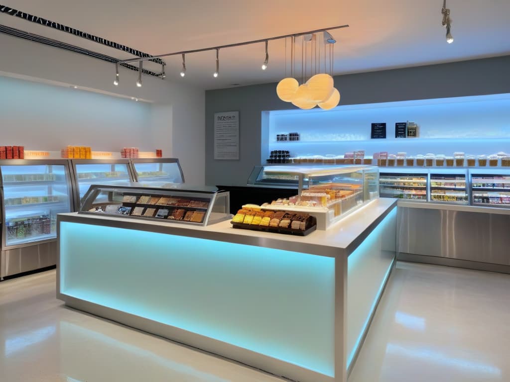  An image of a sleek, modern ice cream parlor with a monochromatic color scheme, featuring polished concrete floors, minimalist white marble countertops, and a row of elegant display cases showcasing a variety of artisanal ice cream flavors in sophisticated, understated packaging. The lighting is soft and ambient, casting a gentle glow over the decadent treats, while a few impeccably designed seating areas with chic, streamlined furniture invite patrons to savor their frozen delights in style. hyperrealistic, full body, detailed clothing, highly detailed, cinematic lighting, stunningly beautiful, intricate, sharp focus, f/1. 8, 85mm, (centered image composition), (professionally color graded), ((bright soft diffused light)), volumetric fog, trending on instagram, trending on tumblr, HDR 4K, 8K