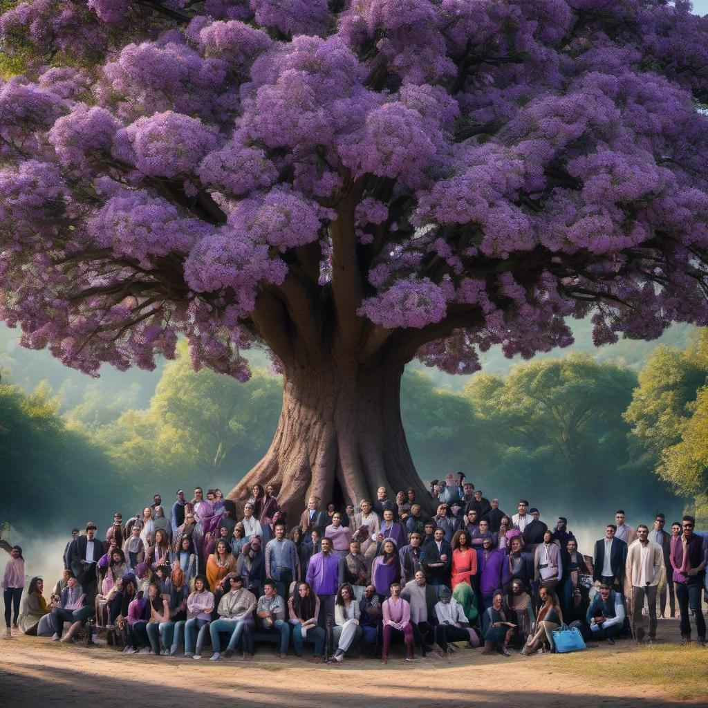  A shabby tree is surrounded by people, there are many laptops and phones growing on the tree, a lot of people are looking at these laptops, many phones and purple coins with the symbol $degen have grown on the tree, around the tree many people are looking at the laptops and phones, around the tree many people are sitting and looking at the laptops and phones. hyperrealistic, full body, detailed clothing, highly detailed, cinematic lighting, stunningly beautiful, intricate, sharp focus, f/1. 8, 85mm, (centered image composition), (professionally color graded), ((bright soft diffused light)), volumetric fog, trending on instagram, trending on tumblr, HDR 4K, 8K