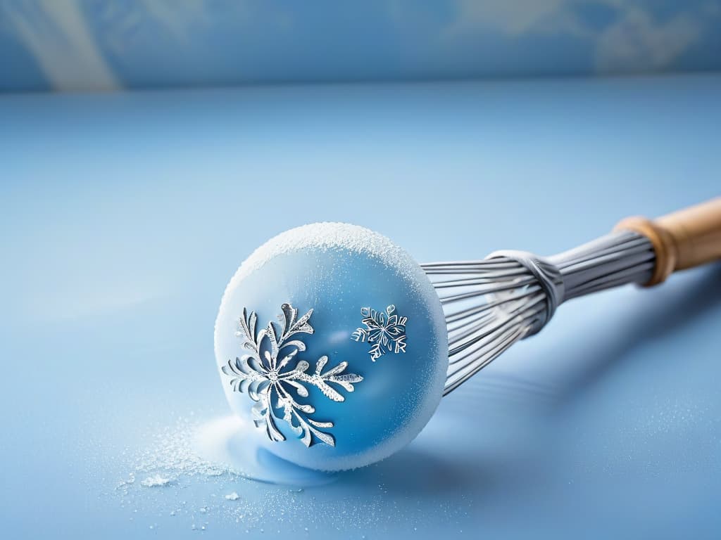  A highresolution, minimalist image of a sleek silver whisk adorned with delicate snowflake patterns, set against a soft icy blue backdrop to evoke the magical essence of Frozen. hyperrealistic, full body, detailed clothing, highly detailed, cinematic lighting, stunningly beautiful, intricate, sharp focus, f/1. 8, 85mm, (centered image composition), (professionally color graded), ((bright soft diffused light)), volumetric fog, trending on instagram, trending on tumblr, HDR 4K, 8K