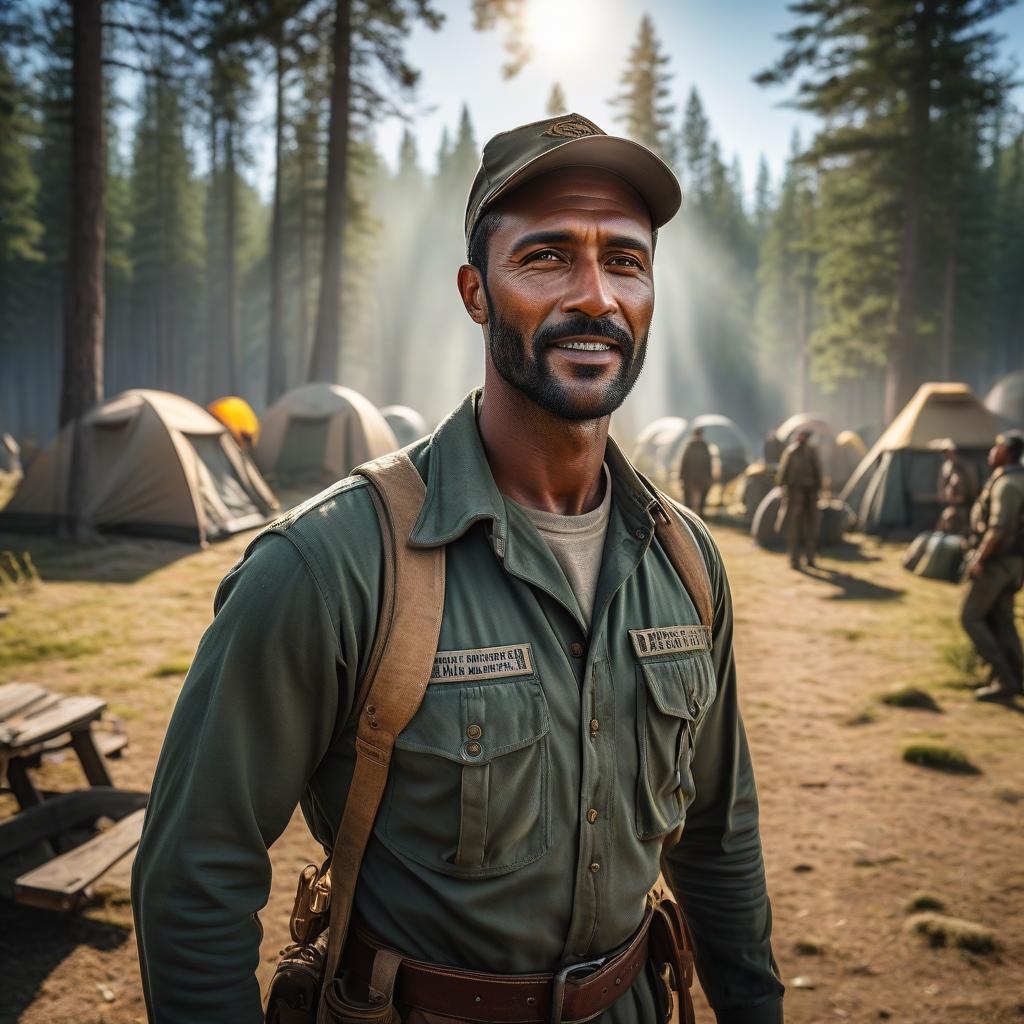  HDR photo of The camp leader greets the sunshine on his face. . High dynamic range, vivid, rich details, clear shadows and highlights, realistic, intense, enhanced contrast, highly detailed hyperrealistic, full body, detailed clothing, highly detailed, cinematic lighting, stunningly beautiful, intricate, sharp focus, f/1. 8, 85mm, (centered image composition), (professionally color graded), ((bright soft diffused light)), volumetric fog, trending on instagram, trending on tumblr, HDR 4K, 8K