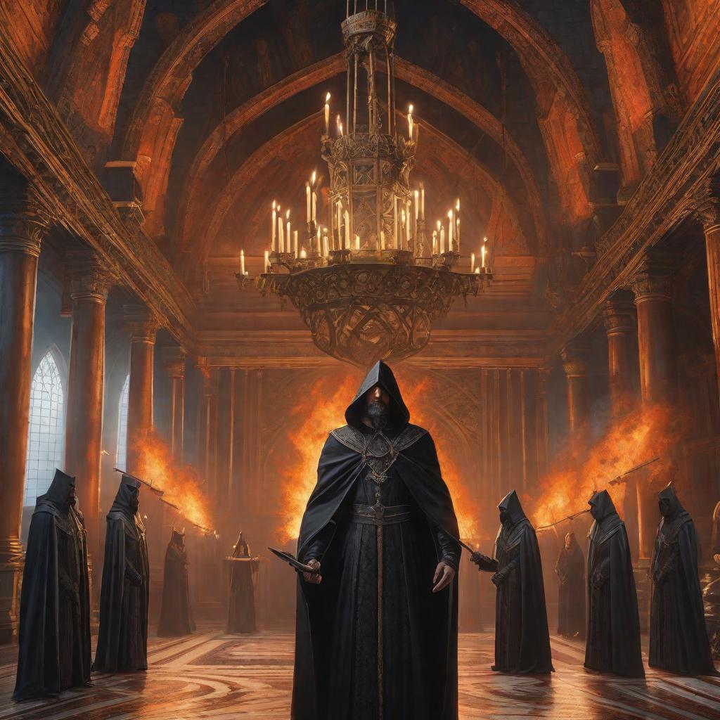  In a very beautiful Gothic castle, the initiation of a Gothic princess is taking place; black wolves and black priests in robes and hoods on their heads stand in a circle around them, torches and a fiery picalilla chandelier are burning in the initiation hall., realistic, portrait, art by donato giancola and greg rutkowski, realistic face, digital art, trending on artstation hyperrealistic, full body, detailed clothing, highly detailed, cinematic lighting, stunningly beautiful, intricate, sharp focus, f/1. 8, 85mm, (centered image composition), (professionally color graded), ((bright soft diffused light)), volumetric fog, trending on instagram, trending on tumblr, HDR 4K, 8K