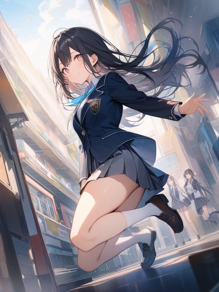  Girls, long hair, black hair, watercolor painting, jumping, whole body, school uniform, blazer, rainbow colored eyes, smiles, stars, hair, masterpiece, best quality,8k,ultra detailed,high resolution,an extremely delicate and beautiful,hyper detail