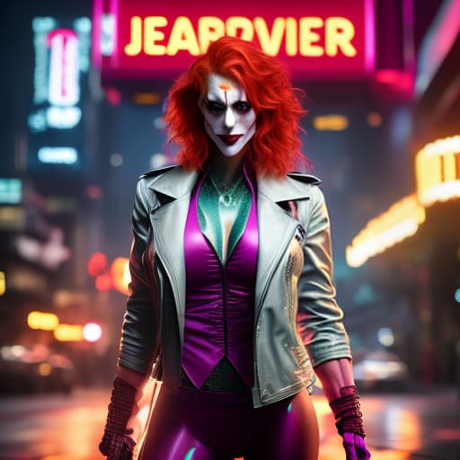  a woman with very red hair is very beautiful standing in neon glowing clothes half naked with joker makeup from the movie Joker hyperrealistic, full body, detailed clothing, highly detailed, cinematic lighting, stunningly beautiful, intricate, sharp focus, f/1. 8, 85mm, (centered image composition), (professionally color graded), ((bright soft diffused light)), volumetric fog, trending on instagram, trending on tumblr, HDR 4K, 8K