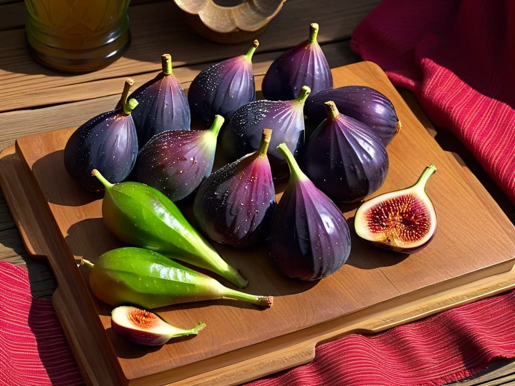  A closeup, ultradetailed image of ripe figs arranged elegantly on a wooden cutting board, with a soft, natural lighting casting gentle shadows. The rich purple and green hues of the figs are striking against the rustic backdrop, showcasing their natural beauty and inviting the viewer to indulge in the autumnal delight of preparing homemade fig jam. hyperrealistic, full body, detailed clothing, highly detailed, cinematic lighting, stunningly beautiful, intricate, sharp focus, f/1. 8, 85mm, (centered image composition), (professionally color graded), ((bright soft diffused light)), volumetric fog, trending on instagram, trending on tumblr, HDR 4K, 8K