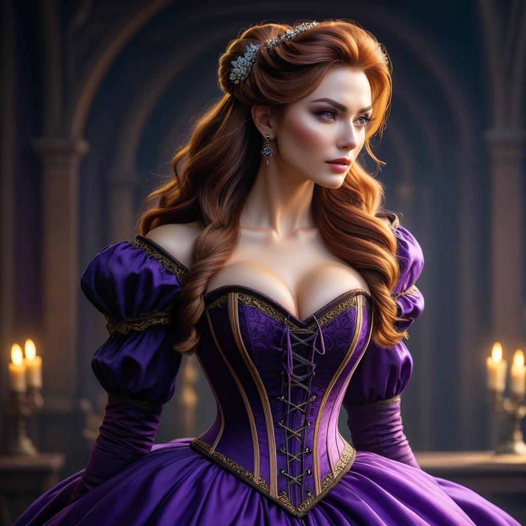  Renaissance style Russian hair, elfin ears, purple dress with a corset above the chest, joystick in the left hand . realistic, perspective, light and shadow, religious or mythological themes, highly detailed hyperrealistic, full body, detailed clothing, highly detailed, cinematic lighting, stunningly beautiful, intricate, sharp focus, f/1. 8, 85mm, (centered image composition), (professionally color graded), ((bright soft diffused light)), volumetric fog, trending on instagram, trending on tumblr, HDR 4K, 8K