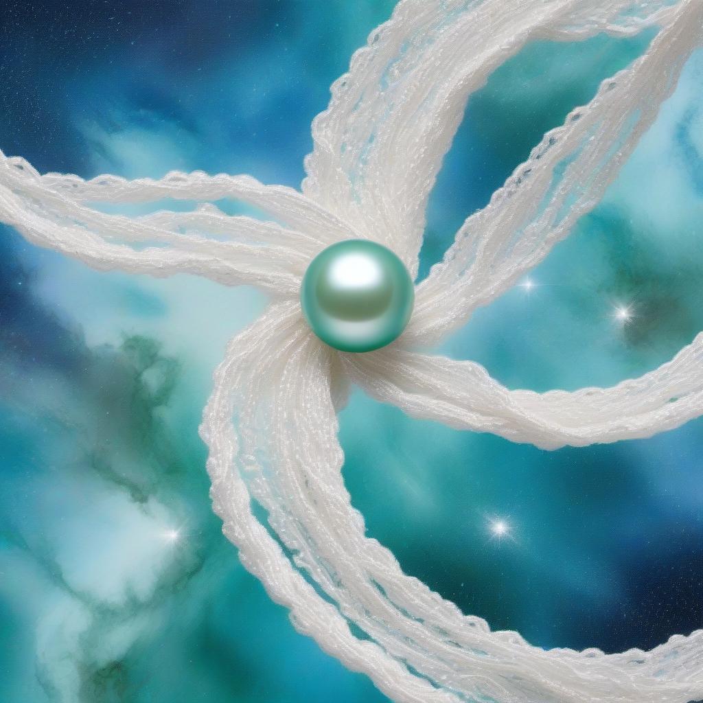  Three pearl threads dance in the air, in a white blue radiance, against the background of cosmic galaxies, in white gold green blue.Style expressionism