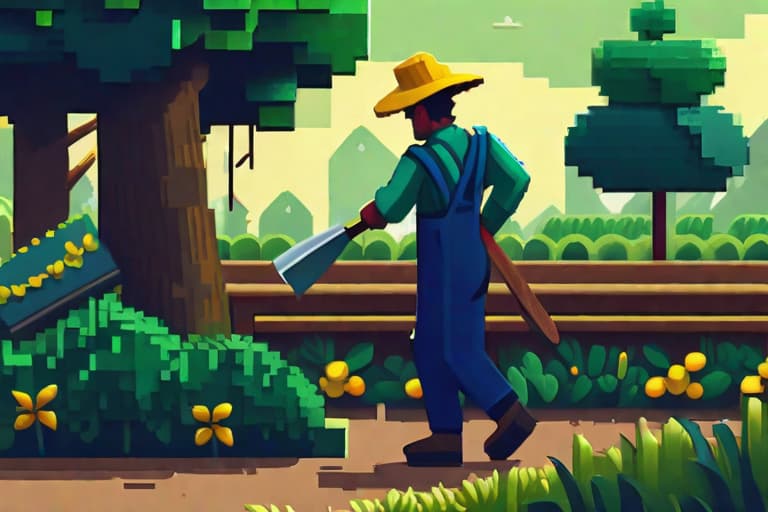  art for nft game about a gardener, the gardener is dressed in a dark blue jumpsuit, a light green shirt rolled up to the sleeves and a yellow gardener's hat, furiously cuts down a tree, cuts down a tree with an axe,  a very close frame, evening, ultra high quality, pixelart style, cute, hyper detail, full HD hyperrealistic, full body, detailed clothing, highly detailed, cinematic lighting, stunningly beautiful, intricate, sharp focus, f/1. 8, 85mm, (centered image composition), (professionally color graded), ((bright soft diffused light)), volumetric fog, trending on instagram, trending on tumblr, HDR 4K, 8K