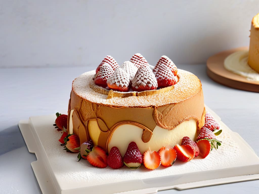  A highresolution, minimalist image of a perfectly baked and golden Angel Food Cake resting on a pristine white marble countertop, with a gentle dusting of powdered sugar on top. The cake is sliced, showcasing its light and airy texture, with a few fresh strawberries artfully arranged beside it. The soft natural light coming from a nearby window creates a subtle play of shadows, highlighting the cake's delicate structure and tempting appearance. hyperrealistic, full body, detailed clothing, highly detailed, cinematic lighting, stunningly beautiful, intricate, sharp focus, f/1. 8, 85mm, (centered image composition), (professionally color graded), ((bright soft diffused light)), volumetric fog, trending on instagram, trending on tumblr, HDR 4K, 8K