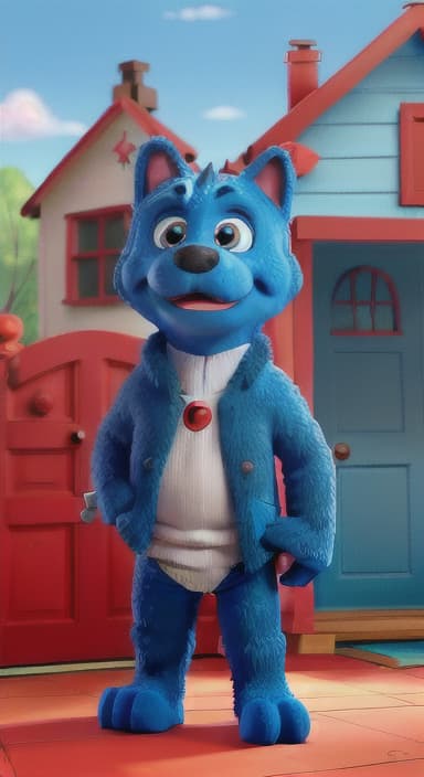  {Max the big blue dog standing in front of a cozy little house with a red door, The big blue dog is large with sky blue fur, big round eyes, a black nose, and floppy ears.