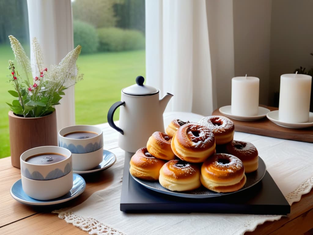  An ultradetailed 8k image of a cozy Swedish fika table setting featuring a sleek black coffee pot, a stack of delicate porcelain cups and saucers, a plate of freshly baked cinnamon buns with a dusting of powdered sugar, a vase of vibrant wildflowers, and a simple white linen tablecloth draping elegantly over a rustic wooden table. The warm natural light filtering through a nearby window highlights the intricate details of the setup, creating a serene and inviting atmosphere perfect for a relaxing fika experience. hyperrealistic, full body, detailed clothing, highly detailed, cinematic lighting, stunningly beautiful, intricate, sharp focus, f/1. 8, 85mm, (centered image composition), (professionally color graded), ((bright soft diffused light)), volumetric fog, trending on instagram, trending on tumblr, HDR 4K, 8K