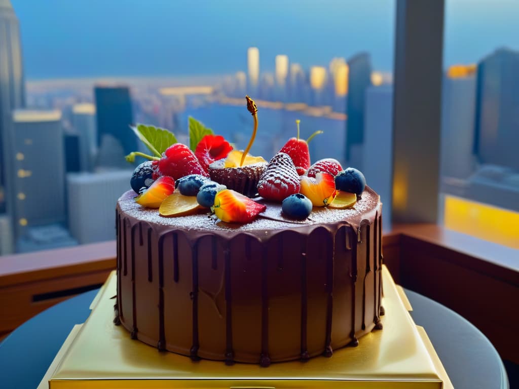  A photorealistic image of a decadent chocolate cake with intricate chocolate decorations, shimmering with edible gold flakes, set on a sleek modern cake stand against a backdrop of a bustling city skyline at dusk. The cake is surrounded by vibrant fresh berries and delicate edible flowers, with a soft golden spotlight highlighting its glossy surface, creating a luxurious and innovative dessert masterpiece. hyperrealistic, full body, detailed clothing, highly detailed, cinematic lighting, stunningly beautiful, intricate, sharp focus, f/1. 8, 85mm, (centered image composition), (professionally color graded), ((bright soft diffused light)), volumetric fog, trending on instagram, trending on tumblr, HDR 4K, 8K