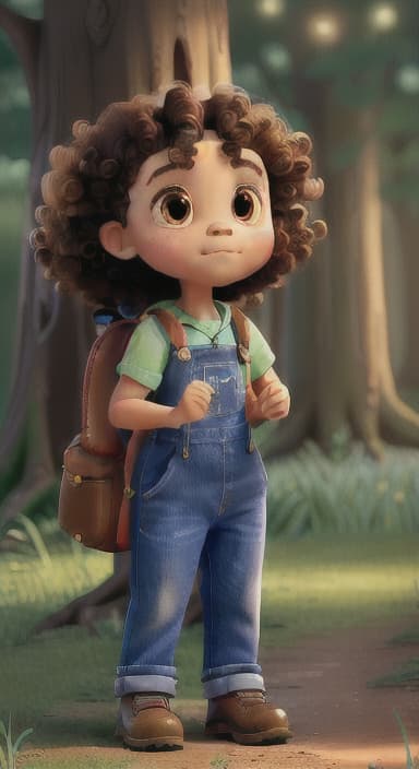  {The tree shining brightly and releasing a gentle, magical light., Riley, a curious with big brown eyes and curly hair, wearing overalls and carrying a small backpack. Their friend, Skye, a bluebird with shiny feathers.