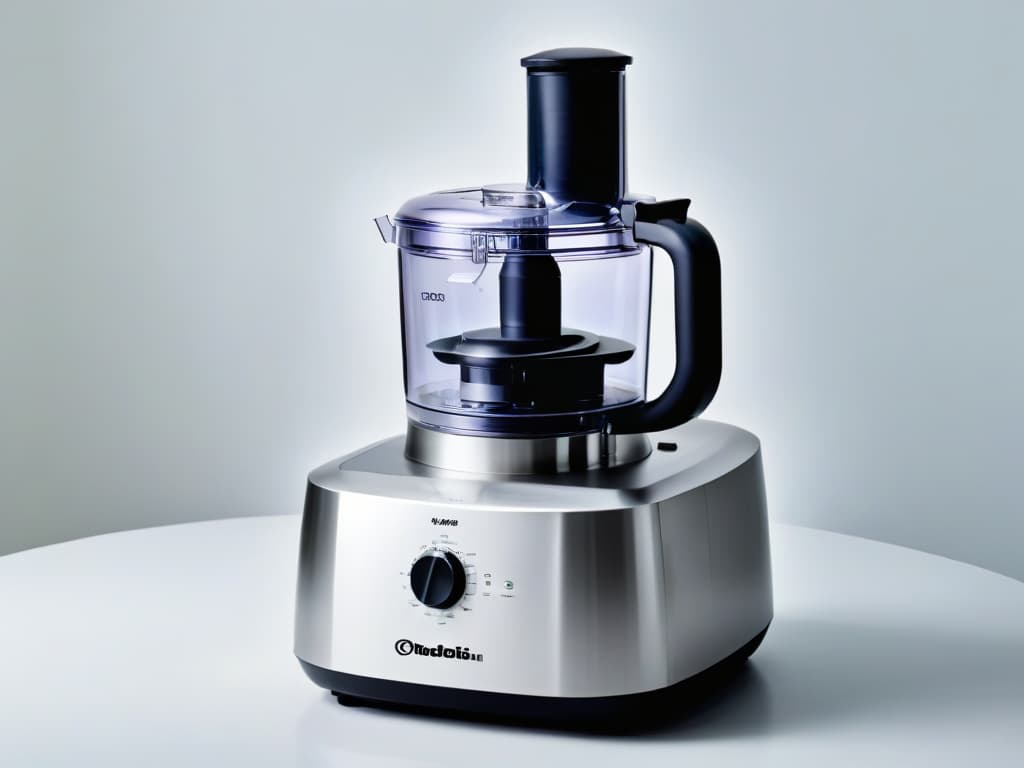  A closeup, ultradetailed image of a sleek, silver food processor with intricate blades and buttons, set against a pristine white background. The focus is on the smooth curves and reflective surfaces, highlighting the precision and sophistication of the kitchen appliance. hyperrealistic, full body, detailed clothing, highly detailed, cinematic lighting, stunningly beautiful, intricate, sharp focus, f/1. 8, 85mm, (centered image composition), (professionally color graded), ((bright soft diffused light)), volumetric fog, trending on instagram, trending on tumblr, HDR 4K, 8K