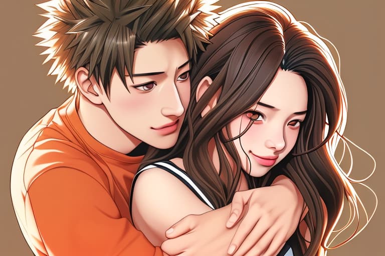  Katsuki Bakugou from my hero academy hugging a woman with long brown hair and hazel eyes