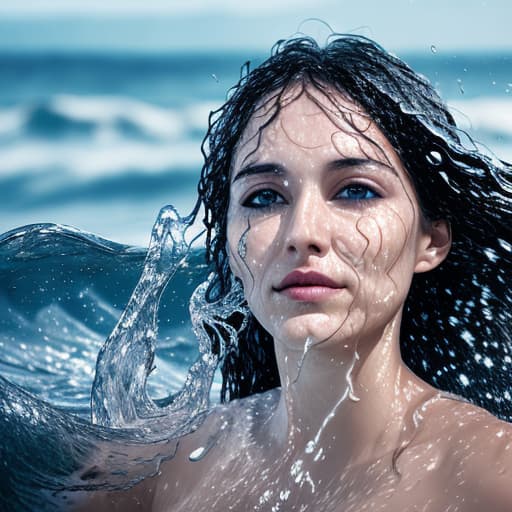  woman's eyes, nose and cheekbones sticking from the water a lot of water waves and splashes around The shore is visible in the background