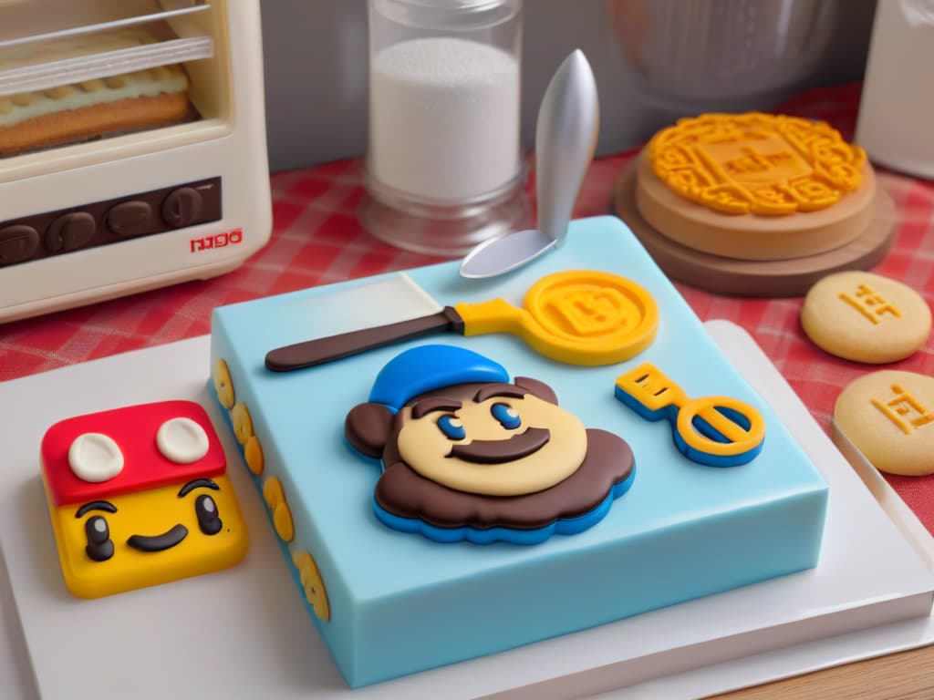  An ultradetailed, photorealistic image of a professional baking kitchen with sleek, modern countertops adorned with an array of Nintendothemed baking utensils such as cookie cutters shaped like iconic Nintendo characters, silicone molds in the likeness of popular Nintendo game items, and a rolling pin engraved with the Nintendo logo. The scene is beautifully lit, showcasing the vibrant colors and intricate details of each utensil, creating an inspiring and visually captivating setting for fans of Nintendo who enjoy baking and pastry. hyperrealistic, full body, detailed clothing, highly detailed, cinematic lighting, stunningly beautiful, intricate, sharp focus, f/1. 8, 85mm, (centered image composition), (professionally color graded), ((bright soft diffused light)), volumetric fog, trending on instagram, trending on tumblr, HDR 4K, 8K