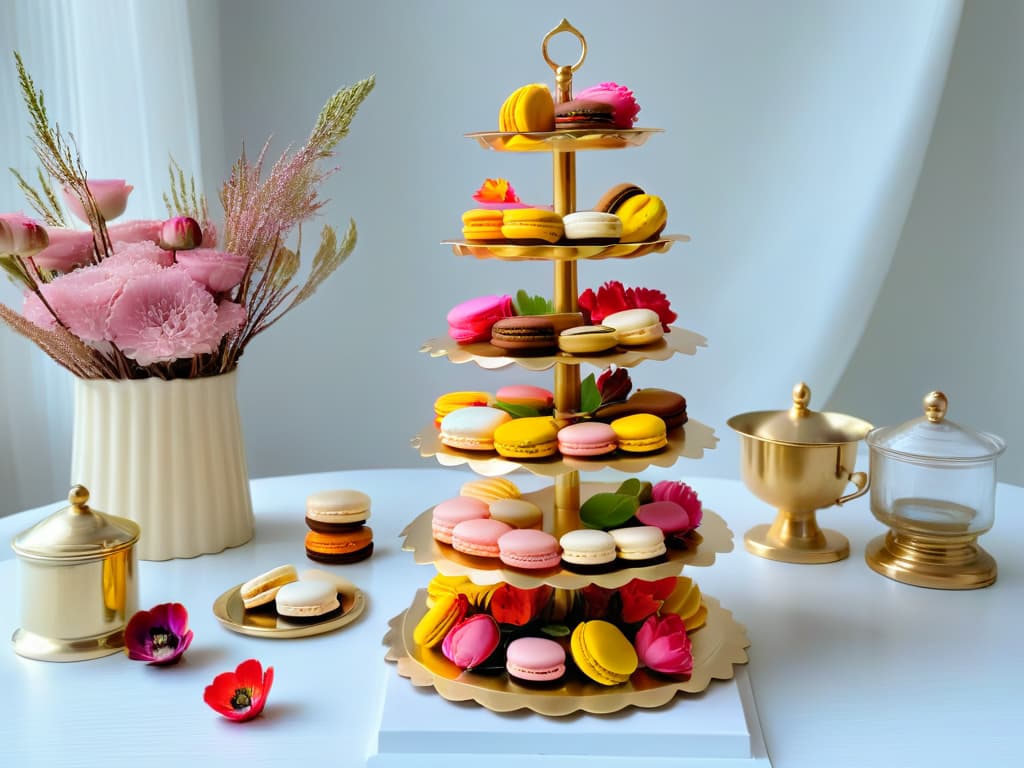  An elegant minimalistic image of a tiered tray filled with delicate pastries and colorful macarons, set against a backdrop of vintage teacups and a dainty floral teapot. The pastries are intricately decorated with edible flowers and gold leaf, exuding an air of sophistication and romance fit for a *Bridgerton*inspired tea party. hyperrealistic, full body, detailed clothing, highly detailed, cinematic lighting, stunningly beautiful, intricate, sharp focus, f/1. 8, 85mm, (centered image composition), (professionally color graded), ((bright soft diffused light)), volumetric fog, trending on instagram, trending on tumblr, HDR 4K, 8K