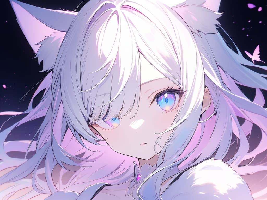  delicate lines,light colors,(white filter),(Masterpiece,ultimate quality),(diffusion lighting),detailed skin texture,8K wallpaper,(one girl,shining eye,luminous iridescent powder light on eye,beauty detailed eye,shiny eyelashes),(shiny butterfly,magic effect),(pixiv masterpiece::1.2 ,colorful watercolor,game),(((white hair,cat ears,blue eyes,pale skin ,white fluffy dress)),((face focus)) ,(purple and pink roses),(purple and pink wisteria),, masterpiece, best quality,8k,ultra detailed,high resolution,an extremely delicate and beautiful,hyper detail