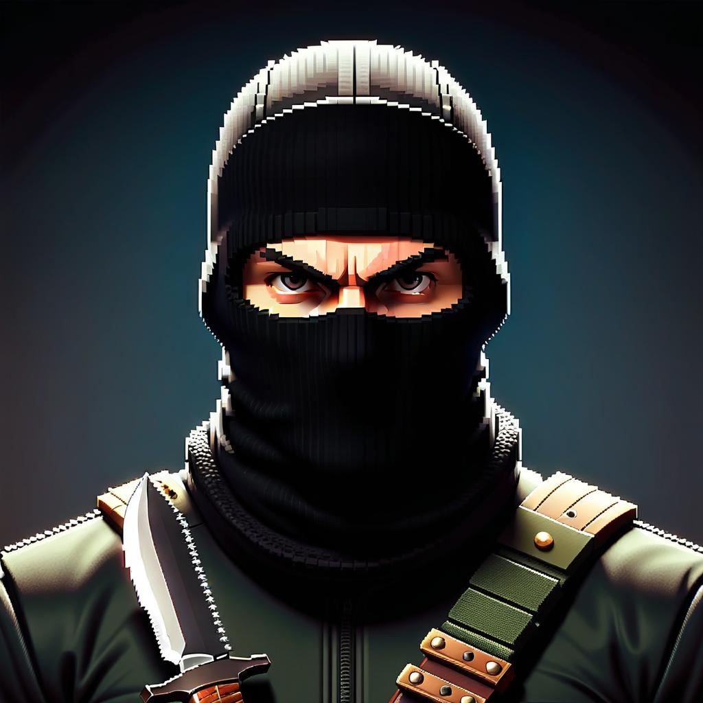  pixel art A man in a balaclava, with a knife, looking at the camera, at half height . low res, blocky, pixel art style, 8 bit graphics hyperrealistic, full body, detailed clothing, highly detailed, cinematic lighting, stunningly beautiful, intricate, sharp focus, f/1. 8, 85mm, (centered image composition), (professionally color graded), ((bright soft diffused light)), volumetric fog, trending on instagram, trending on tumblr, HDR 4K, 8K