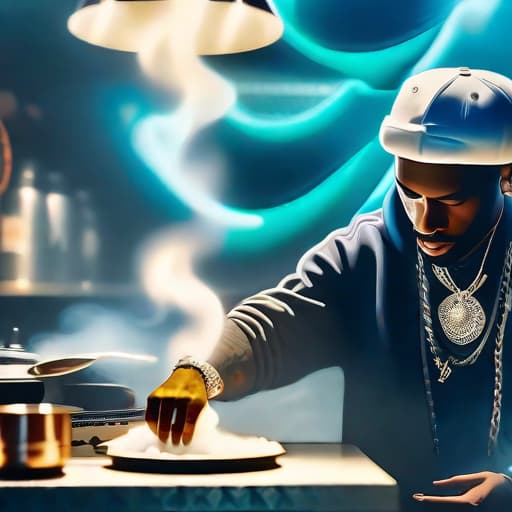  A image of someone cooking crack who is iced out in jewelry smoking a blunt hyperrealistic, full body, detailed clothing, highly detailed, cinematic lighting, stunningly beautiful, intricate, sharp focus, f/1. 8, 85mm, (centered image composition), (professionally color graded), ((bright soft diffused light)), volumetric fog, trending on instagram, trending on tumblr, HDR 4K, 8K