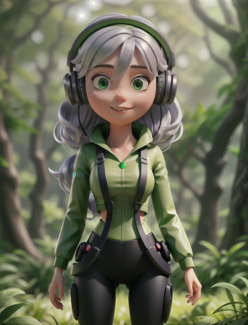  a cute cyborg girl with silver hair standing in a green forest, Dynamic Background, Vibrant Color, wearing a headset, enjoying music hyperrealistic, full body, detailed clothing, highly detailed, cinematic lighting, stunningly beautiful, intricate, sharp focus, f/1. 8, 85mm, (centered image composition), (professionally color graded), ((bright soft diffused light)), volumetric fog, trending on instagram, trending on tumblr, HDR 4K, 8K